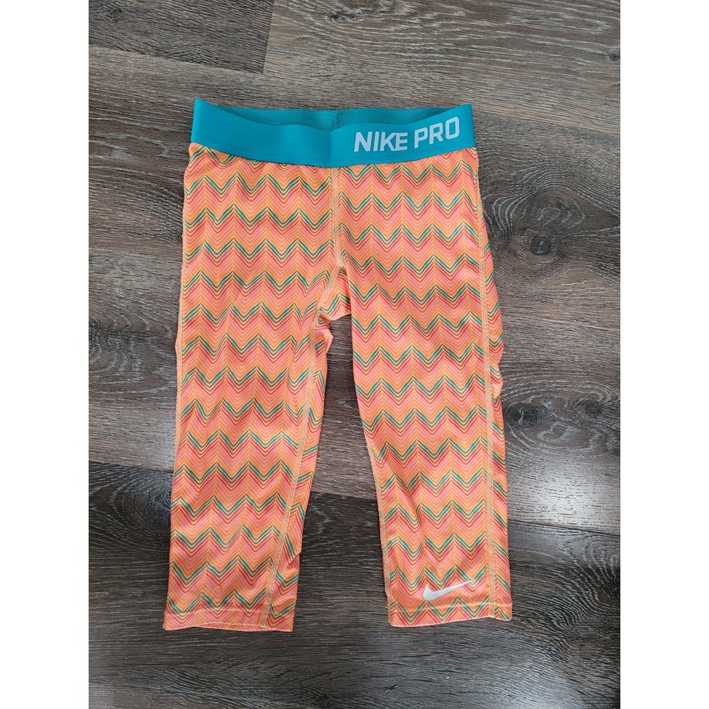 Nike Pro Girls's‎ Orange Chevron Zigzag Capris Leggings Athletic Pants size S #5